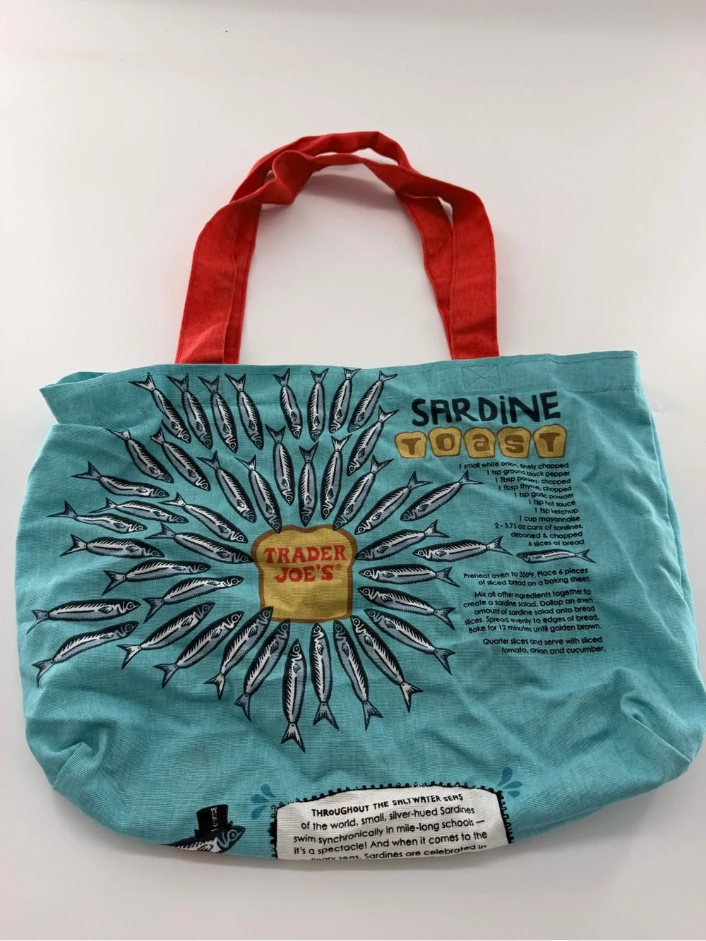 Trader Joe’s Canvas Tote Bag Grocery Sardines Trader Joe Blue Red Fish Fabric